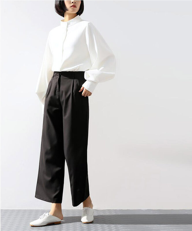 Blusa feminina manga longa e larga com lanterna, blusa vintage gola alta de botão, camisas femininas da moda, primavera 2019