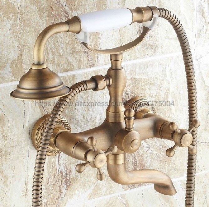 Grifo de bañera de latón antiguo montado en la pared, doble manija cruzada, con rociador de ducha manual, Ntf122