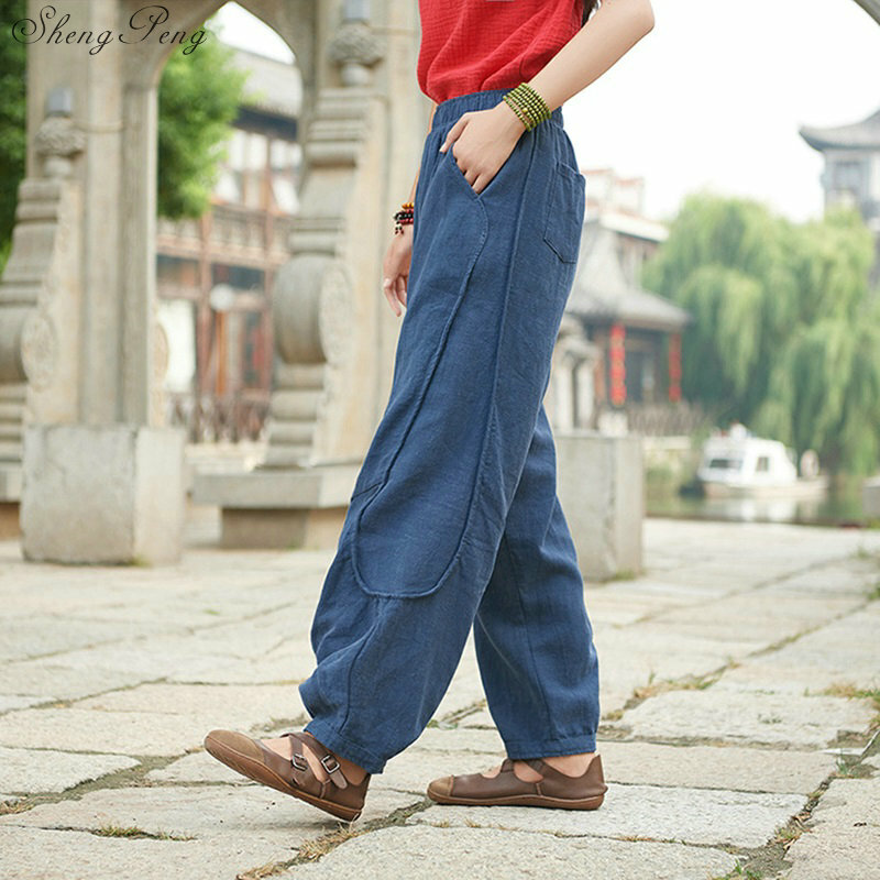 Pantalones holgados con bolsillos de Color sólido para mujer, pantalón Vintage de lino y algodón con cintura elástica, pierna ancha, largo completo, Q801, Otoño, 2019