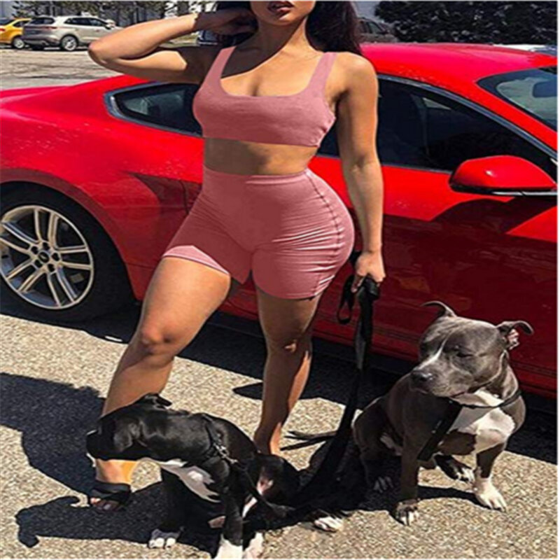 2019 Sexy Skinny Short Two Piece Set Crop Tops and Biker Shorts Multicolor Bodycon Matching Sets Summer Clothes for Women