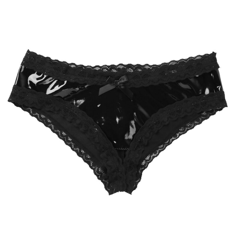 UK สต็อกเซ็กซี่กางเกงผู้หญิง Femme ชุดชั้นใน Wetlook สิทธิบัตรหนัง Lace เปิด Crotch รู V-Back MINI กางเกงสุภาพสตรีชุดชั้นใน