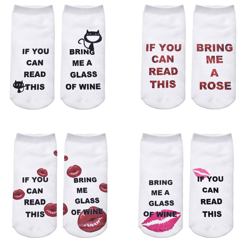 1 par si puedes leer estos calcetines de mujer divertidos calcetines blancos de corte bajo de tobillo Venta caliente 2017 Bring Me una copa de vino