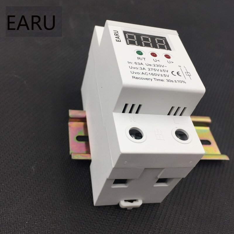 1pc 63A 230V Self Recovery Automatic Reconnect Over & Under Voltage Protector Lightening Protection Relay LCD Voltmeter Monitor
