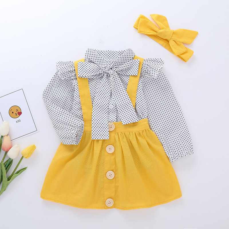 Baby girl fashion trends school outfits kids wear summer girls clothing set 3PC polka dot bow tie blouse yellow clothes P30