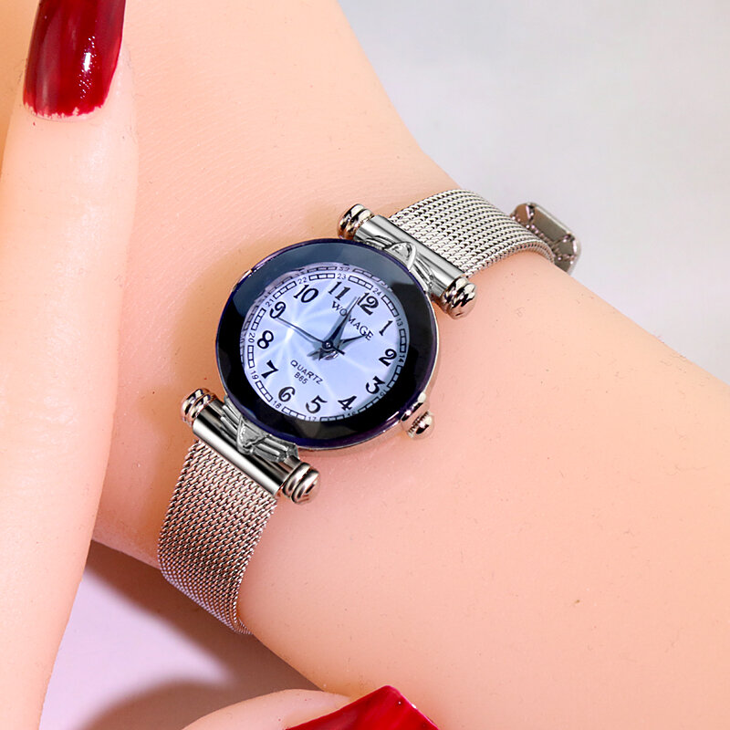 탑 브랜드 여성 럭셔리 기하학 표면 시계 패션 스틸 메쉬 여성 시계 캐주얼 여성 시계 여성 시계 montre femme