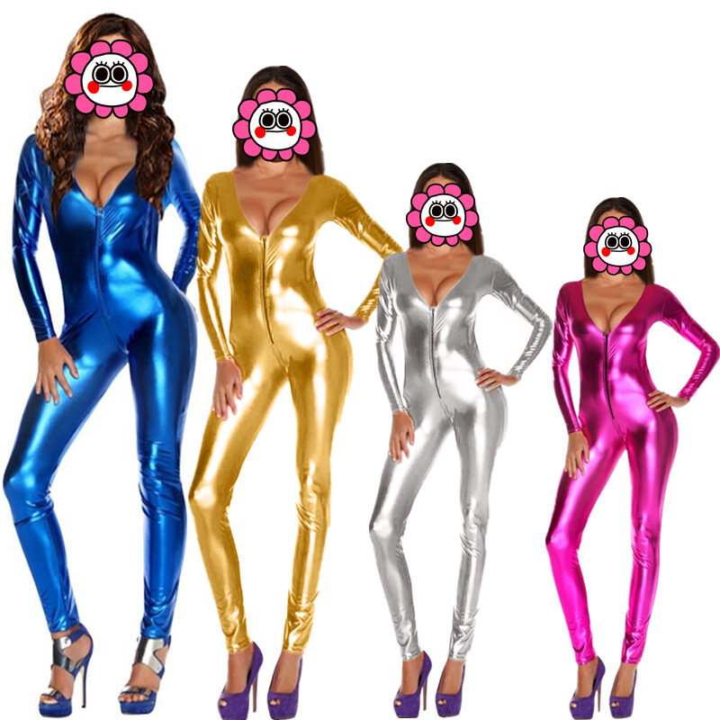 New Hot Sexy V-Neck Faux Leather Bodysuit Jumpsuit Sleeves Erotic Latex Women Club Pole Dance Costume Gold Catsuits Performance