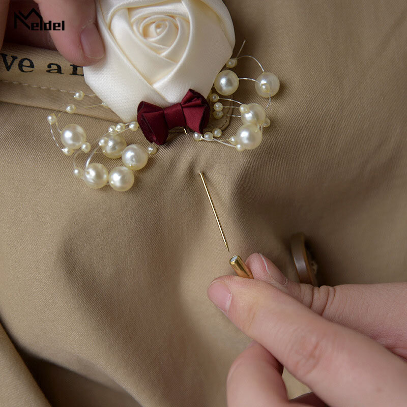 Meldel ramillete de boda para novio, flor de Rosa de lujo, broche de perlas falsas, Pin de solapa, insignia, botonadura, fiesta de graduación
