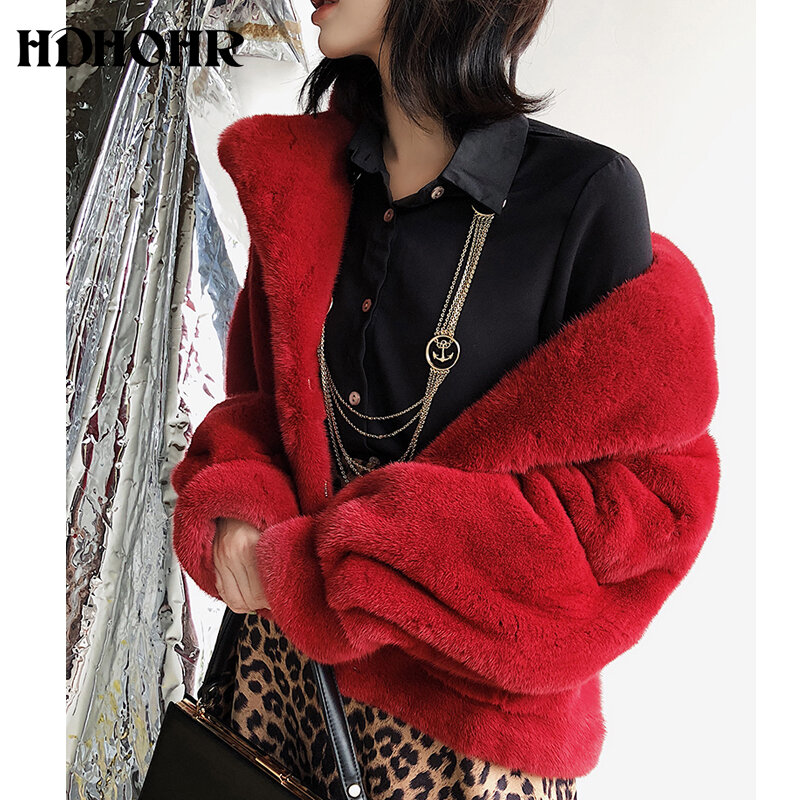 HDHOHR-معطف فرو المنك الطبيعي للنساء ، فرو المنك الحقيقي ، ملابس خارجية قصيرة ، جاكيت الكريسماس ، أحمر ، موضة أساسية ، شتاء ، جديد ،