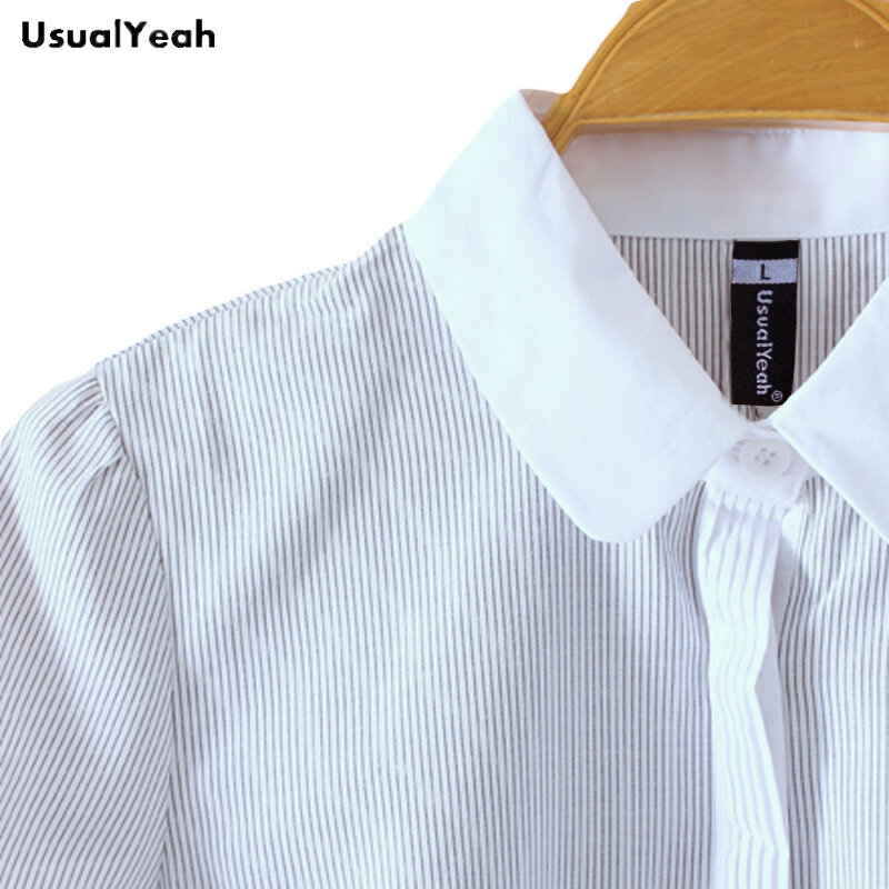Usualyeah-女性用半袖シャツ,フォーマル,ラージサイズ,オフィス,女性用,折りたたまれたブラウス,白いストライプのボディスーツ
