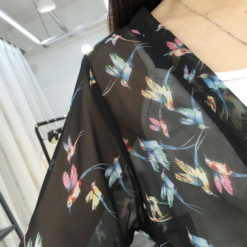 Wanita Chiffon Kimono Cardigan Floral Dicetak Panjang Lengan Blus Musim Panas Beach Cover Up Panjang Atasan BoHo Longgar Wanita Kemeja