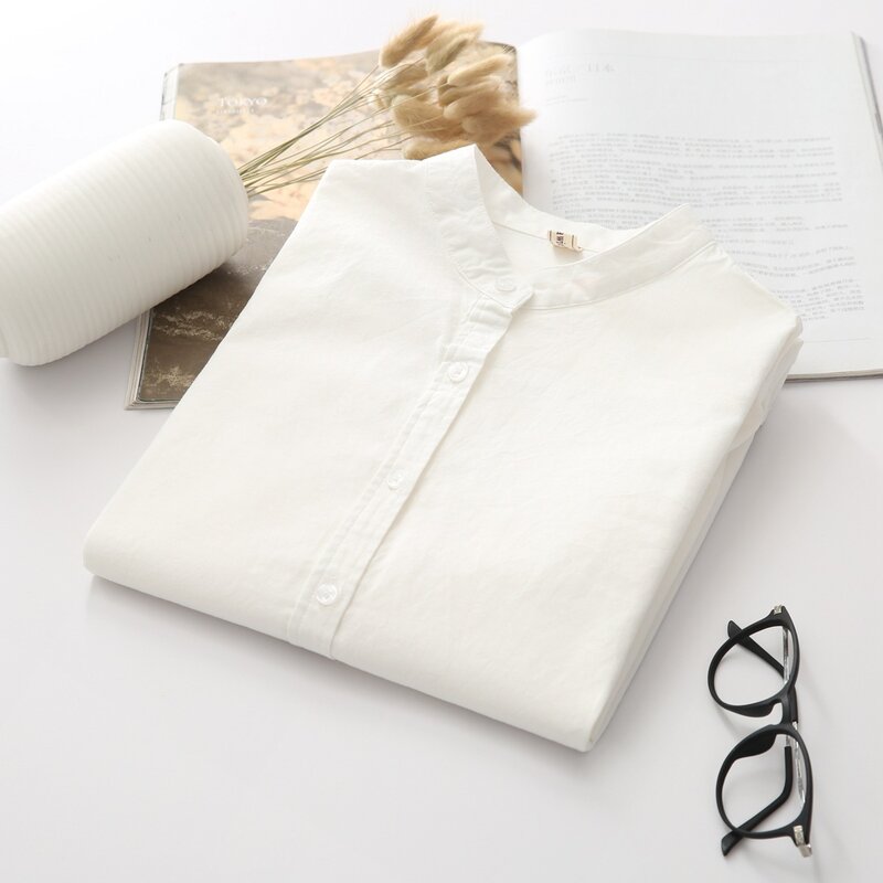 EYM-camisa informal de algodón para mujer, Blusa de manga larga con cuello levantado, Color blanco liso, estilo Simple, novedad de 2021