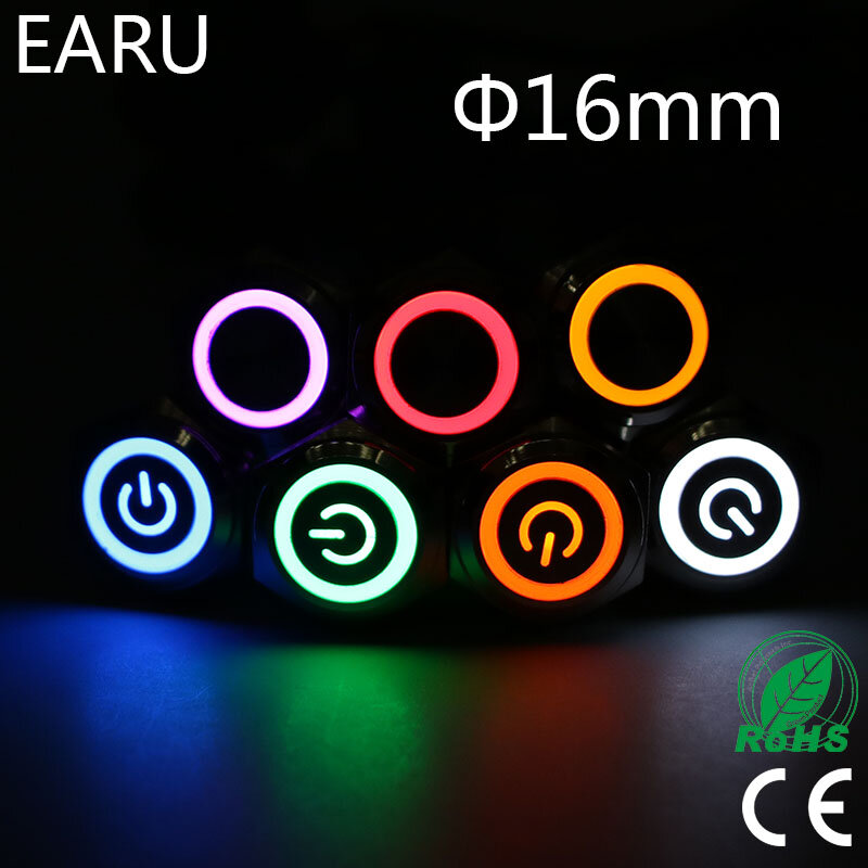 Interruptor de botão de metal impermeável, travamento de luz LED, fixação momentânea, partida do motor do carro, poder do PC, vermelho e azul, 5V, 12V, 3-380V, 16mm