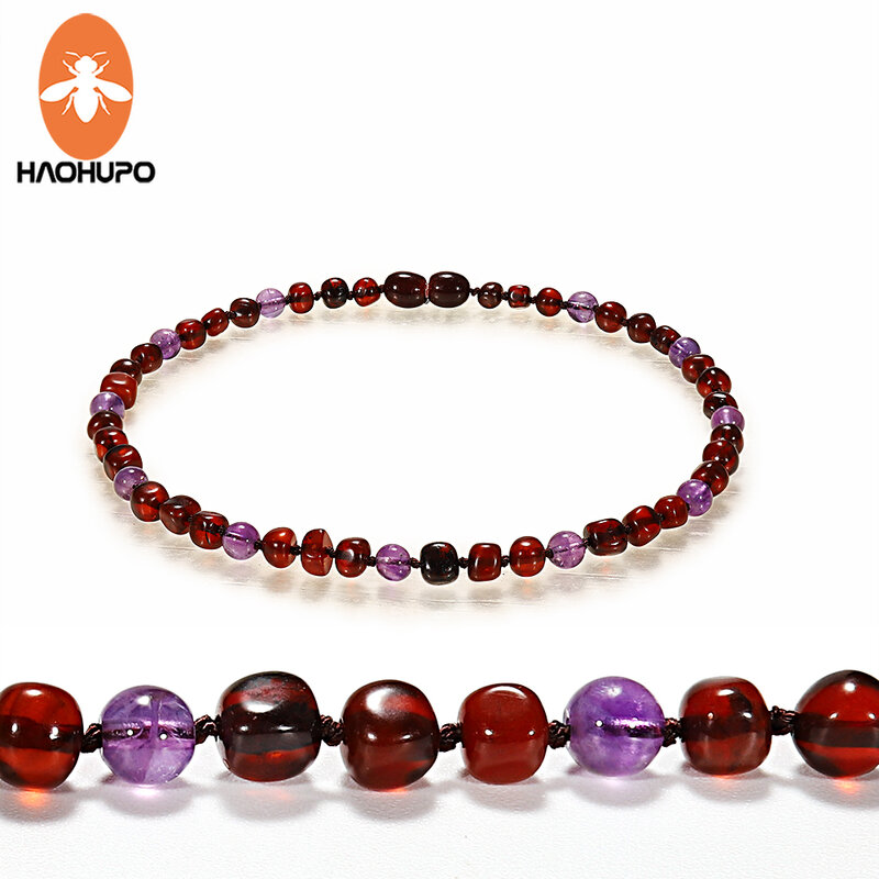 HAOHUPO – collier de dentition en ambre de la baltique, noué, mélange de perles rondes en pierres précieuses naturelles polies, bijoux pour bébés femmes