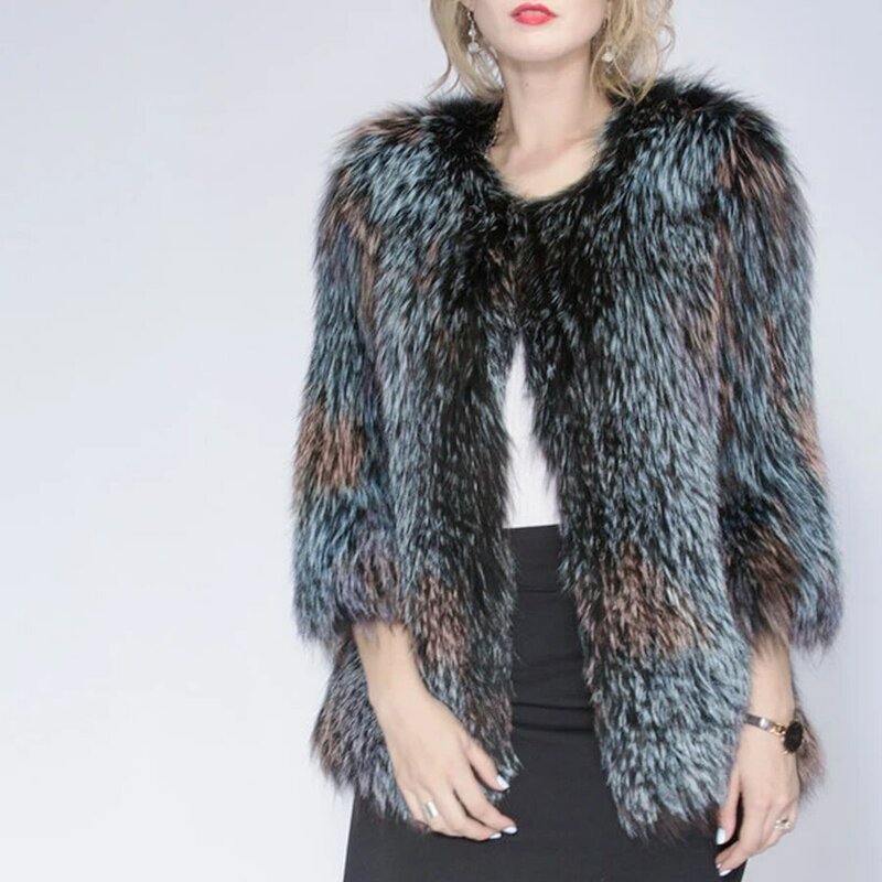 Novo inverno outono feminino casacos de pele de raposa de malha casaco casual grosso quente moda magro roupas