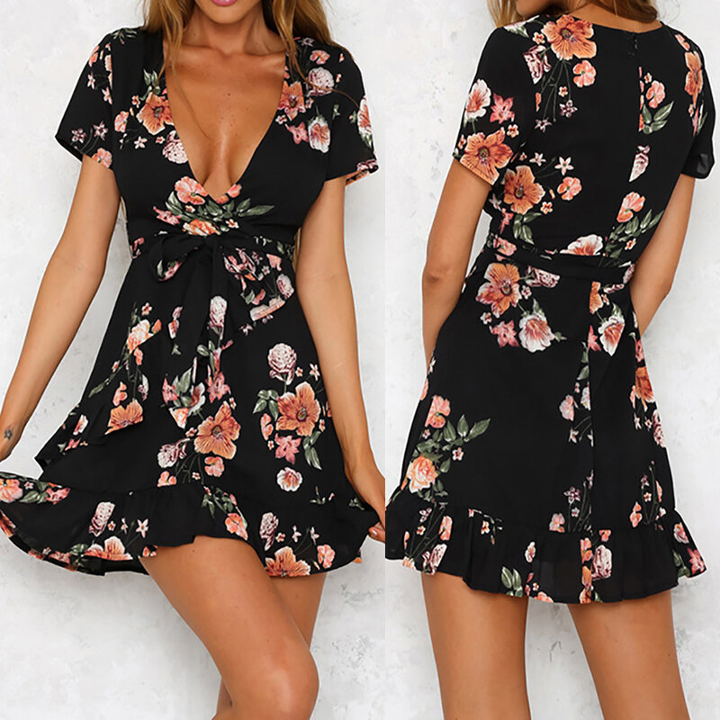 Kobiety Mini Boho kwiatowy sukienka lato plaża z krótkim rękawem V neck wieczór Party czeski Beach Dress 2019 lato styl W0619