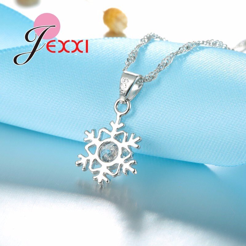 Colgante de copo de nieve para mujer, conjunto de collar y pendientes de cadena de plata de ley 925 de cristal, joyería de moda femenina para boda y Navidad