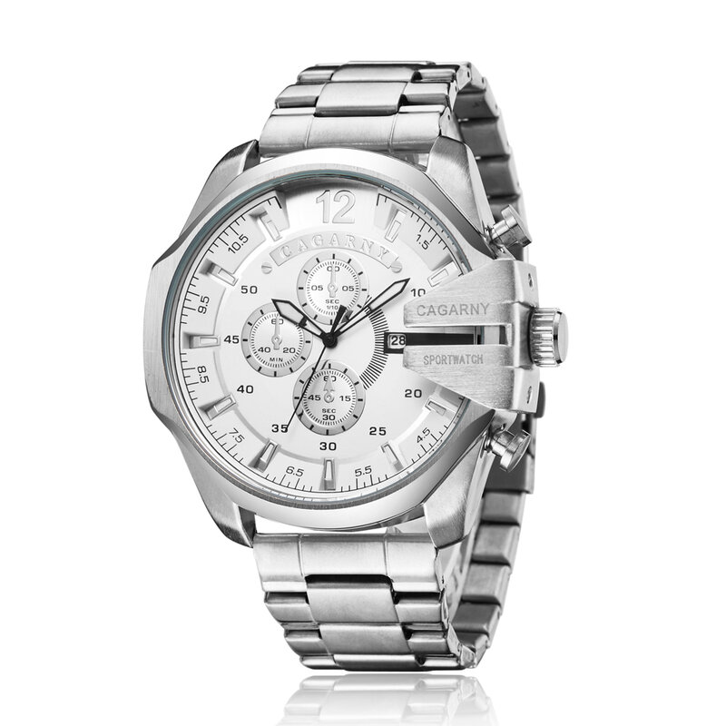 Cagarny marca de luxo dos homens do esporte relógio prata aço completo quartzo relógios homem data relógio militar à prova dwaterproof água relogio masculino