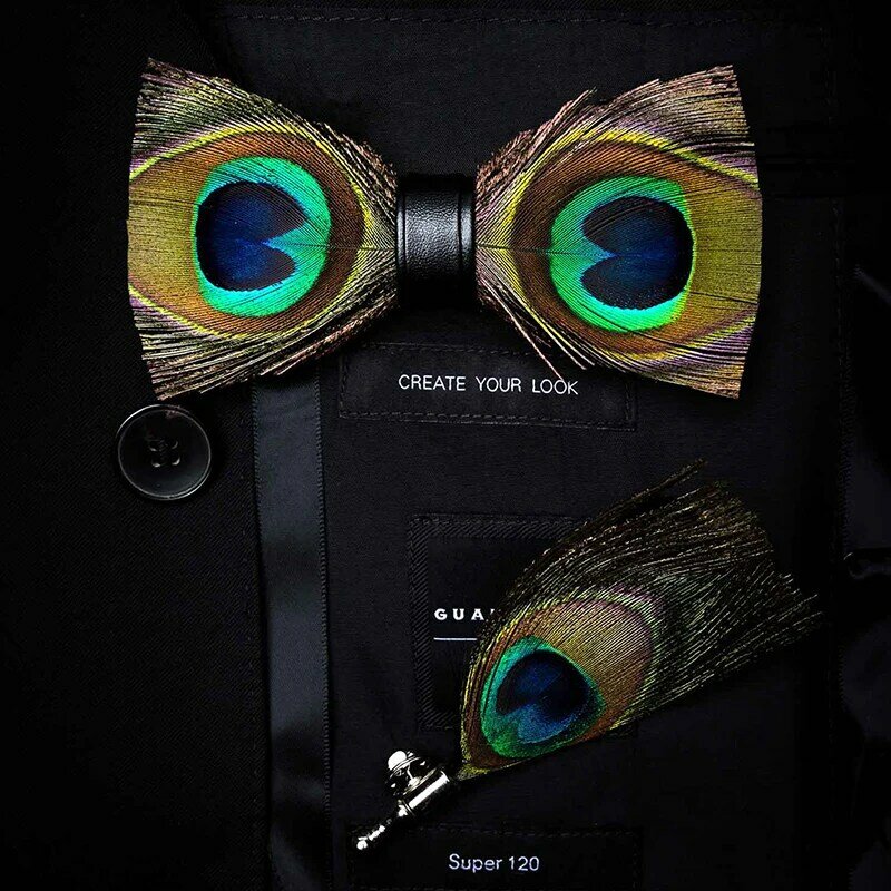 JEMYGINS Original Design Natural Brid Feather Exquisite Hand Made Bow Tie Brooch Pin Gift Box Set For Men Wedding Party Bowtie
