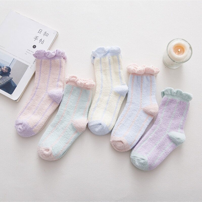 6pair/lot  Anyongzu Sock Natural Color Winter Lace Coral Velvet Semi Cashmere Warm Thickening Sleep Socks 23cm-25cm