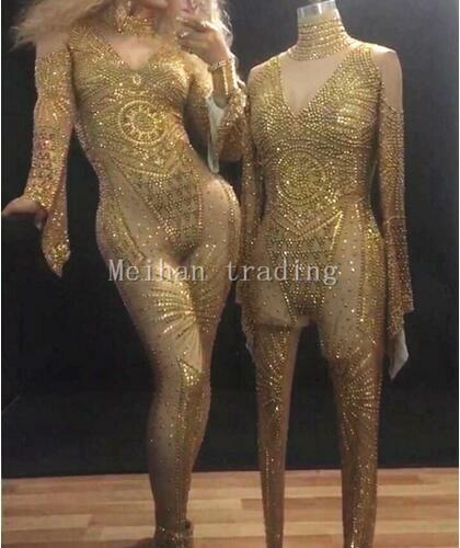 2019 Fashion Rhinestones Jumpsuit Seksi Bagus Penuh Kristal Tahap Memakai Kostum Prom Ulang Tahun Merayakan Pakaian