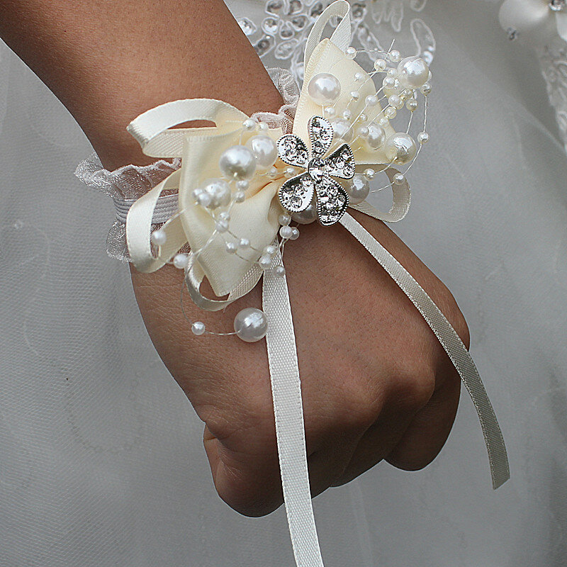 Wifelai-a-Lazo de flores de marfil para novia, flores de muñeca con cuentas de perlas, cinta de cristal, flor de mano, ramilletes de boda, SW175-Z