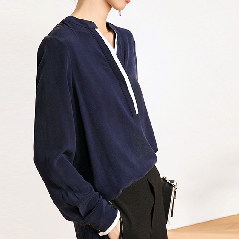 Blusa de seda feminina, camisa de patchwork com gola v, manga comprida, tecido leve, casual, blusa simples, estilo elegante, nova moda 100%