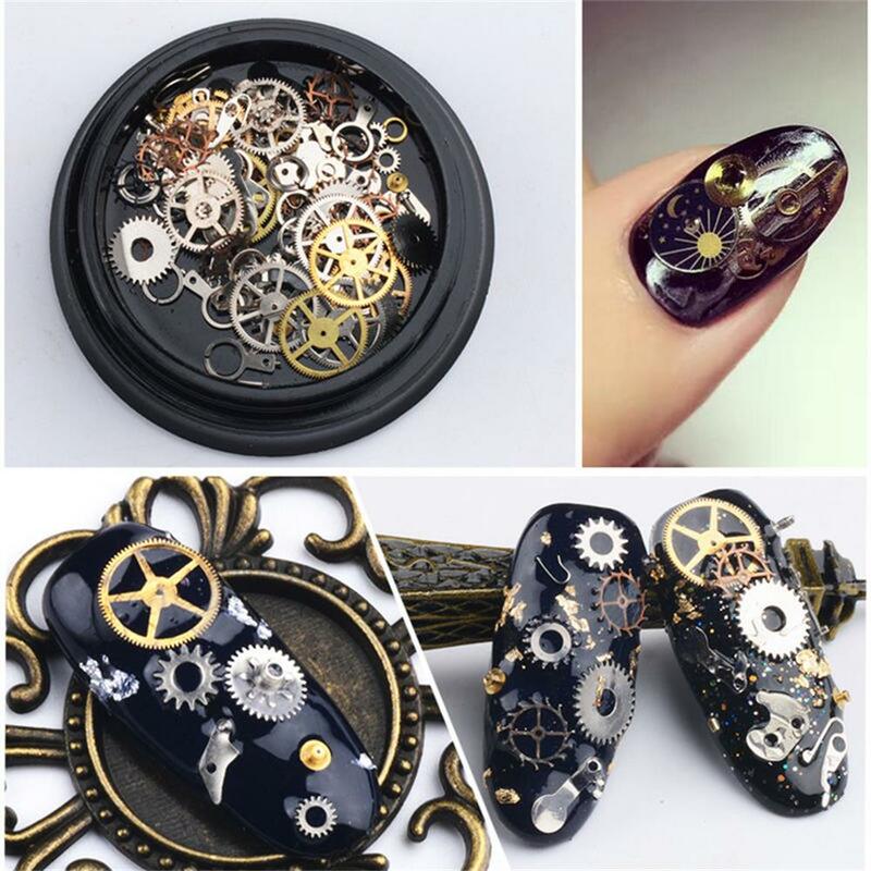 1 Doos 3D Diy Hollow Metallic Nail Pailletten Steampunk Mechanische Component Gear Wiel Manicure Nail Art Decoratie Tips Accessoires