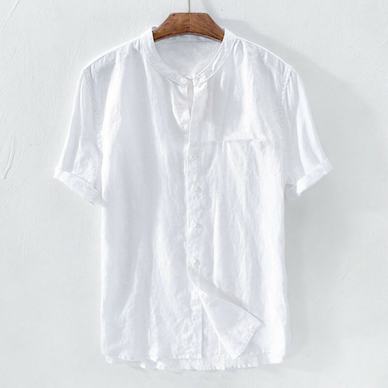 Camisas de lino de los hombres pantalones de algodón de Color sólido manga corta T camisas Tops blusa de moda camisetas de verano c0514