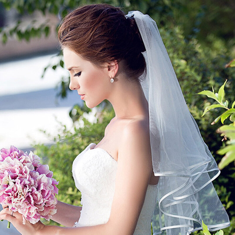 حجاب زفاف تول قصير بسيط ، أبيض عاجي رخيص ، إكسسوارات زفاف للزواج