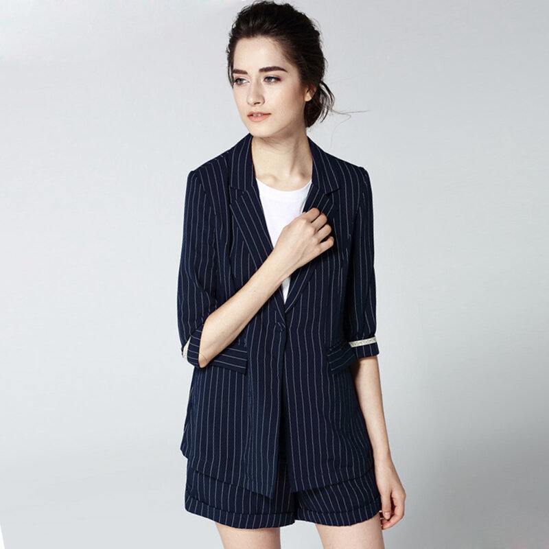 Conjunto de dos piezas de lino para mujer, chaqueta informal a rayas con bolsillos y pantalones cortos, tela de alta calidad en 2 colores, 65%