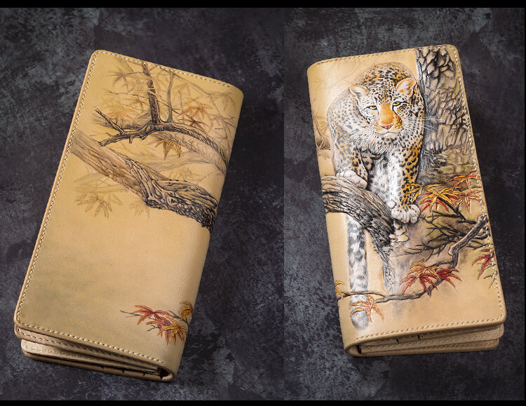 High-end carteiras artesanais escultura leopardo bolsas masculino longo embreagem vegetal curtido couro carteira titular do cartão
