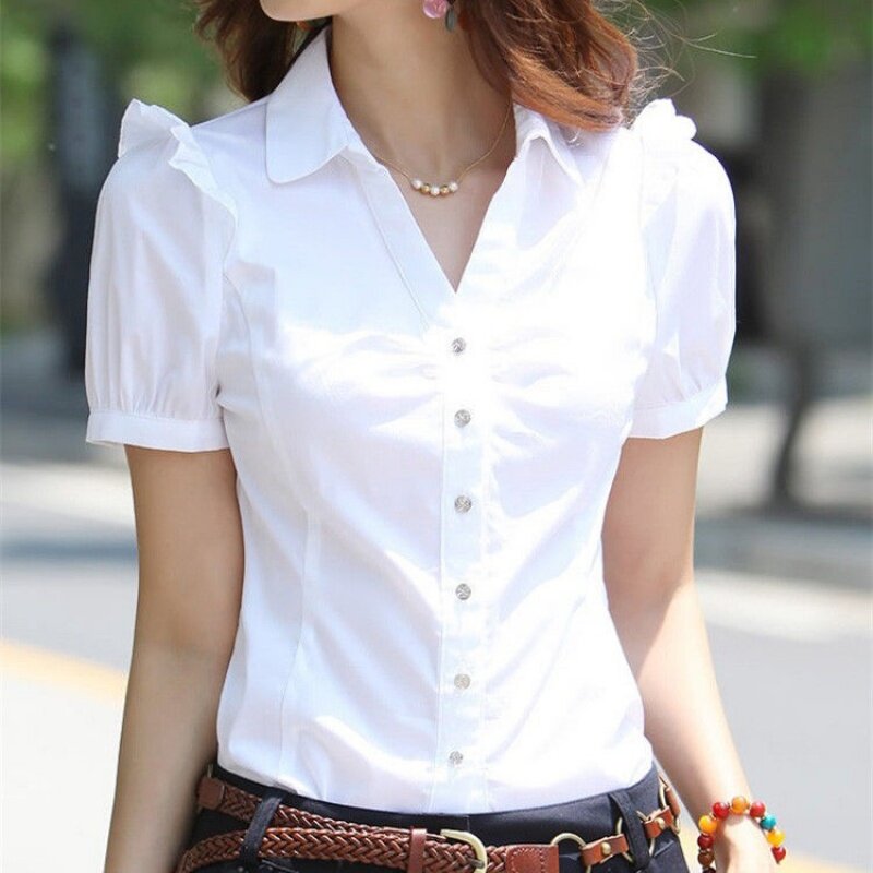 Słodka letnia modna bluzka koszule z krótkim rękawem szyfonowa bluzka odzież do pracy biurowej koszulka Femme kobiet topy plus rozmiar XXL