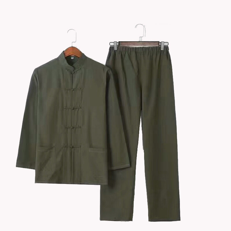 Conjunto de jaqueta + calças compridas masculina, 2 peças, lisa, kung fu, 100% algodão tradicional chinês, wu shu tai chi, yzt0808