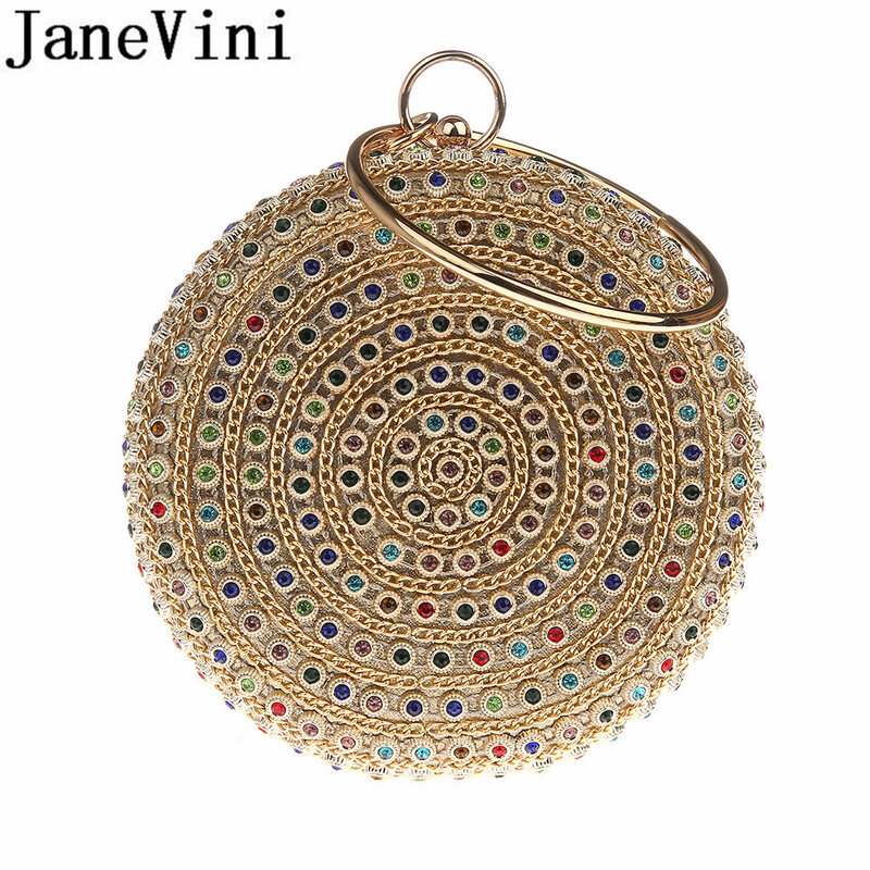 JaneVini Colorful Beads Ladies Clutch Handbags Womens Gold Round Chain Bags Boutique Cocktail Wedding Party Metal Clutches Black