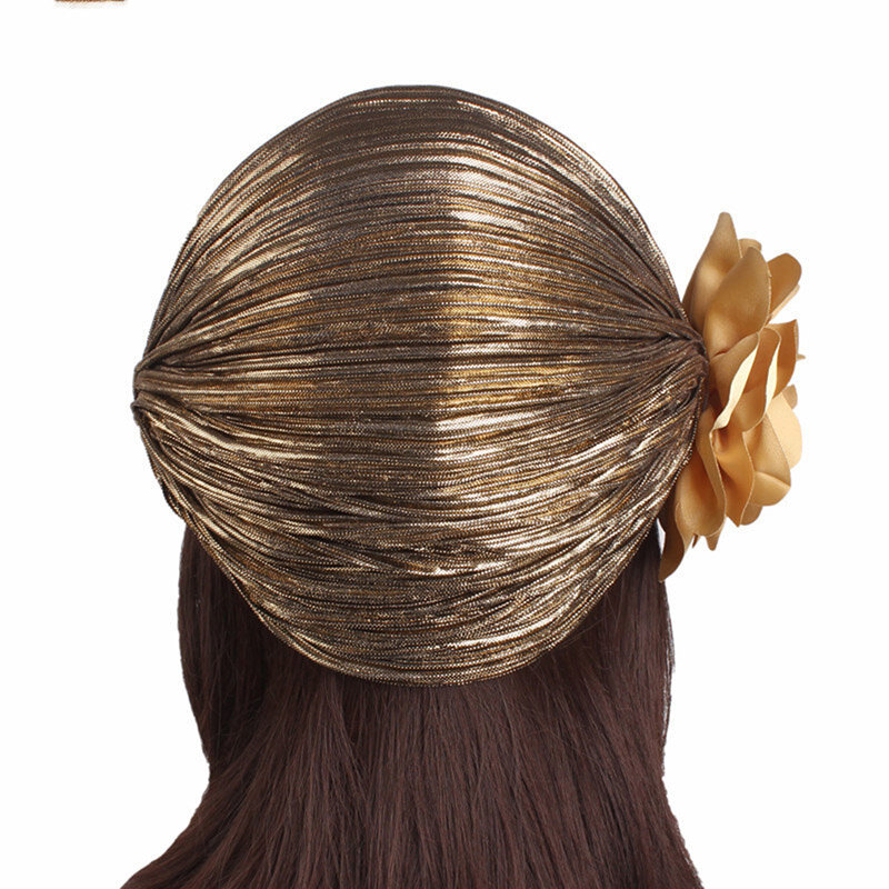 Mode Damen Gold Silber Große Blume Turban Hüte Für Frauen Chemo Bandana Hijab Plissee Indischen Cap Turbante Frauen Headwear