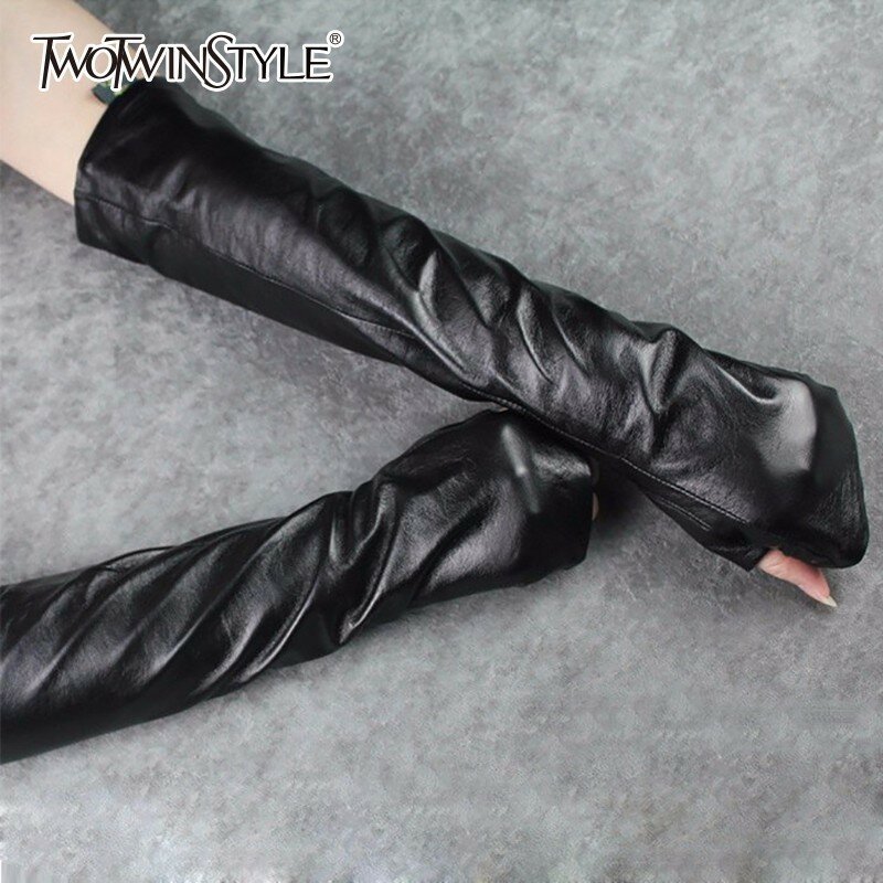 TWOTWINSTYLE-guantes largos de cuero sintético para mujer, manoplas con agujeros, manga de brazo negra, accesorios de moda para primavera, 2020