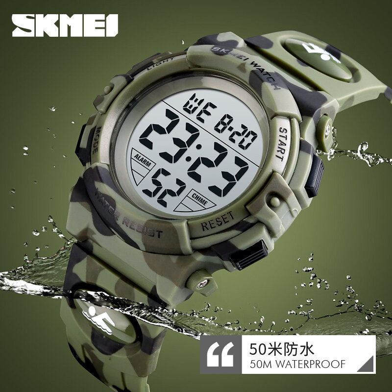 SKMEI 밀리터리 키즈 스포츠 시계, 50M 방수 전자 손목시계, 스톱 워치, 어린이 디지털 시계, 남아 여아