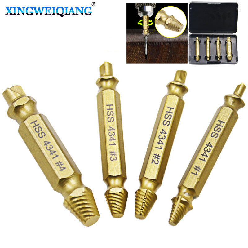 4pcs 4341 Titanium plating Double Side Drill Out Damaged Screw Extractor Out Remover Handymen Broken Bolt Stud Removal Tool
