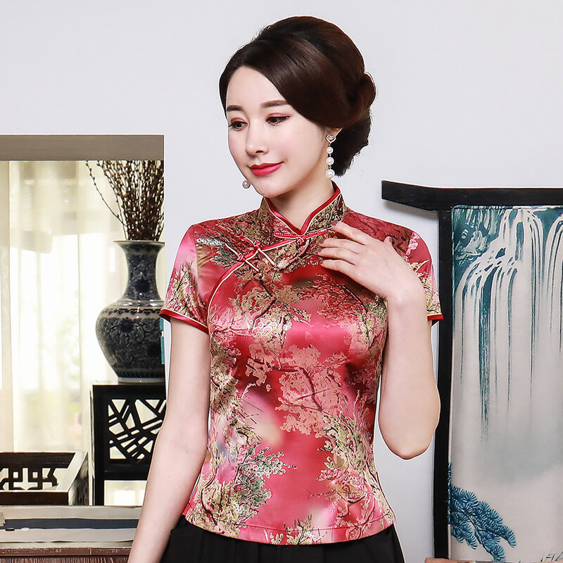 Blusa chinesa estampada para mulheres, top feminino Tang, manga curta, camisa vintage, gola mandarim, tops elegantes, plus size, 3XL, 4XL, A0101