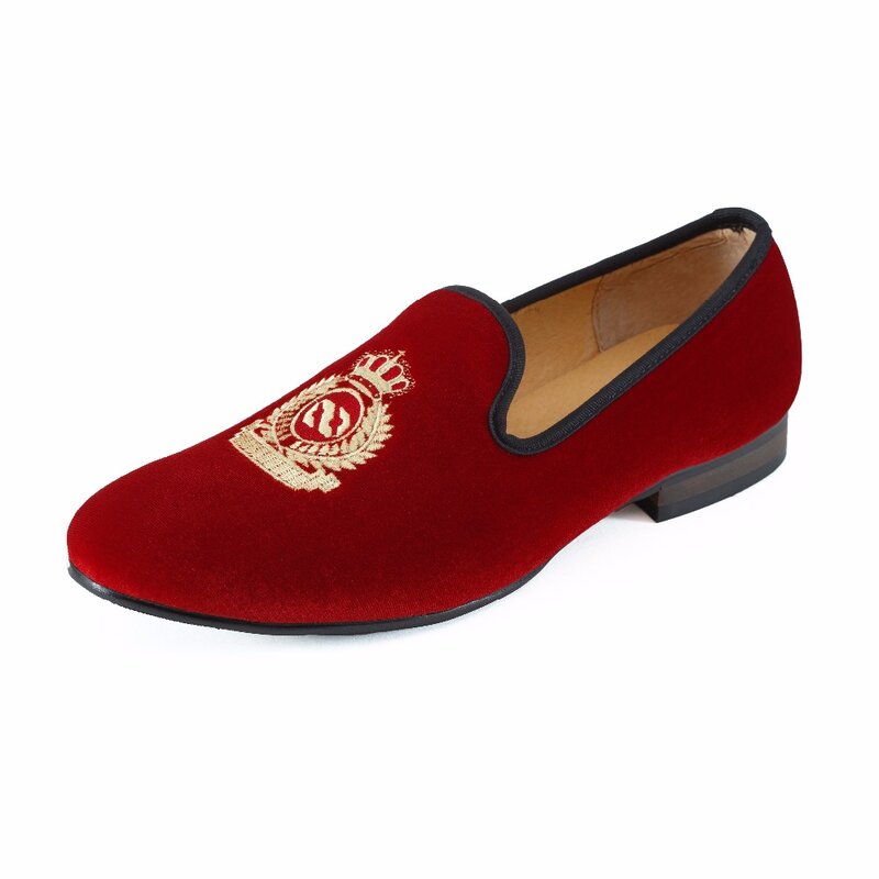 Baru Buatan Tangan Pria Beludru Merah Sepatu dengan Mahkota Kasual Sepatu Merokok Sandal Pria Flat Pernikahan Plus Ukuran Sepatu 7-13