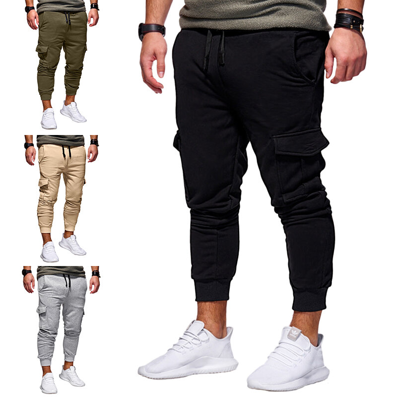 Moda causal masculino outono e inverno calças de costura bolsos sweatpants jogger calças soltas macacão masculino