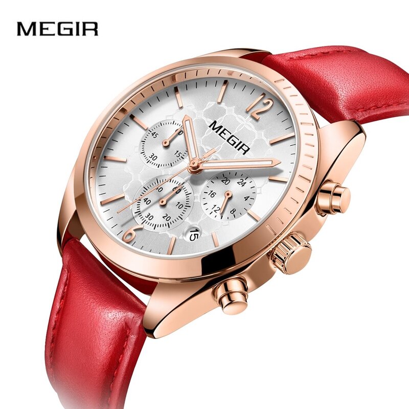 Megir luxo data automática relógio de quartzo senhoras relógio de couro moda relógio feminino reloj mujer feminino relógios banda chronograph