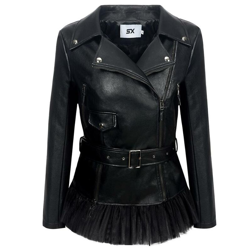 Sx nova jaqueta de couro ecológico feminina, jaqueta feminina de couro sintético macio com cordões e rendas, com zíper, para motocicleta, 2019