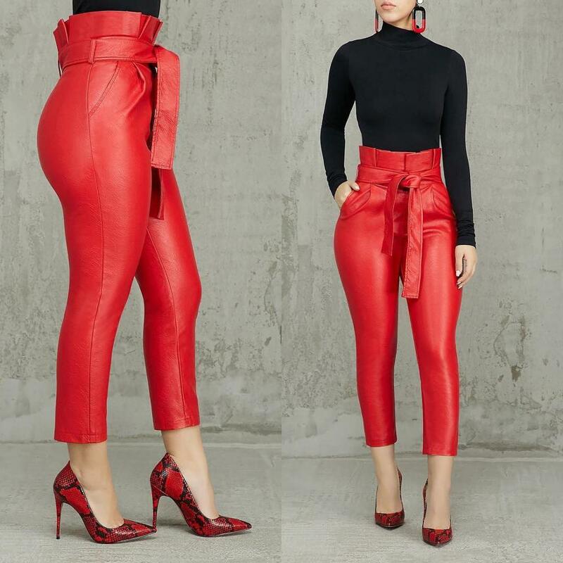 women new high wasit ruffles faux leather PU ankle length pencil skinny pants fashion red black trousers