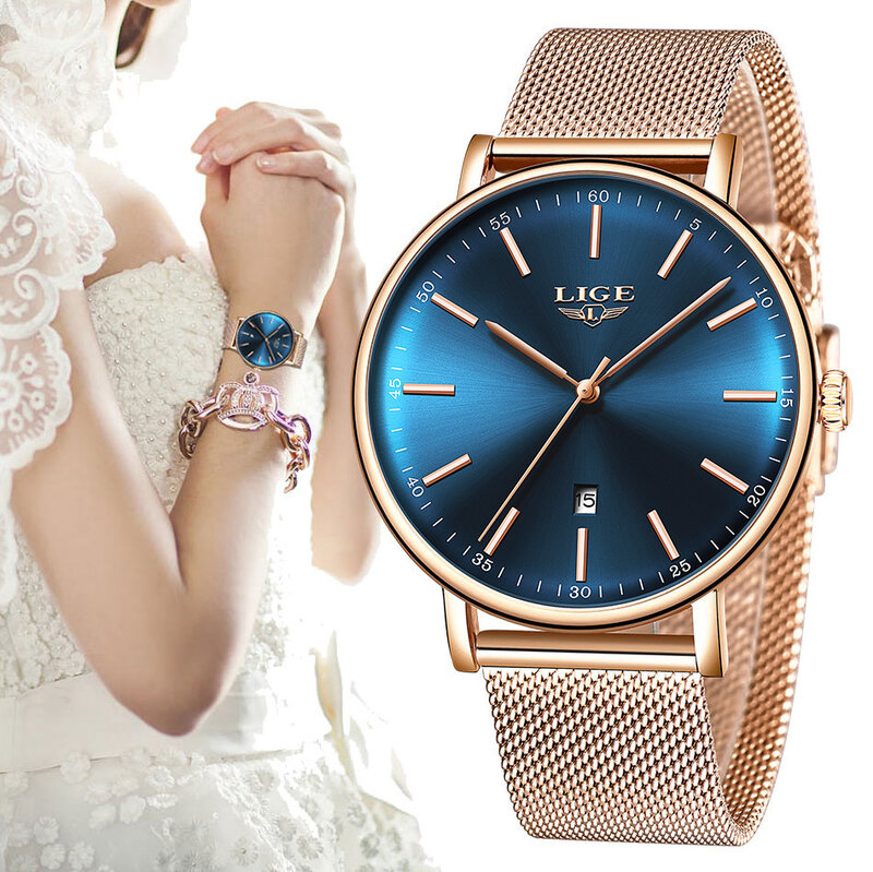 LIGE นาฬิกาข้อมือสตรียอดนิยมนาฬิกาข้อมือนาฬิกากันน้ำแฟชั่นสุภาพสตรีสแตนเลส Ultra-Thin นาฬิกาข้อมือควอตซ์นาฬิกา