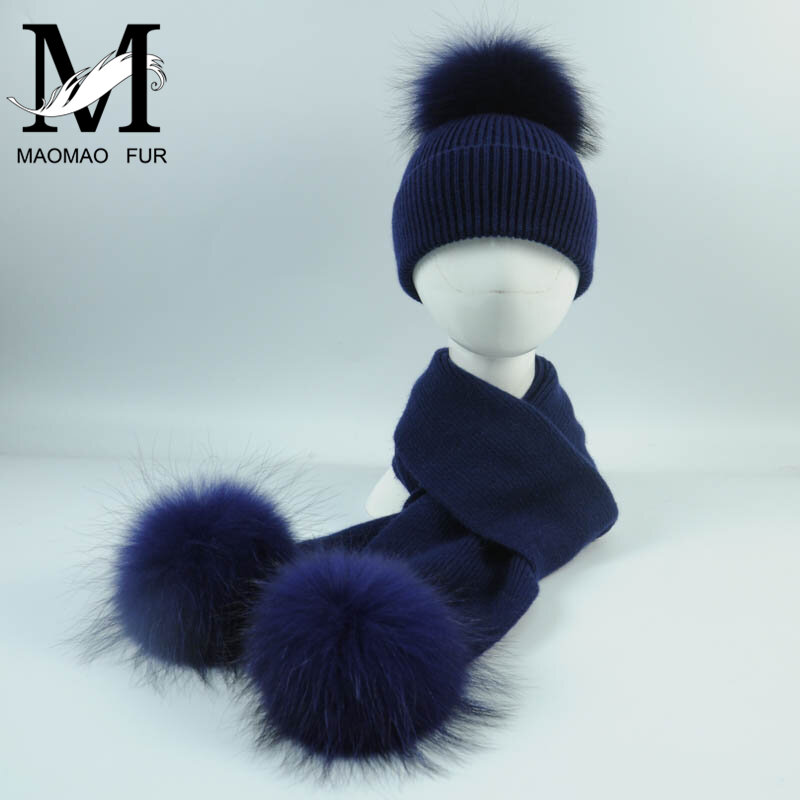 Baru Fashion anak Rajutan Wol Topi Syal 2 Pieces Set Hangat Musim Dingin Anak Bayi Laki-laki Gadis Raccoon Fur Pom pom Lembut Topi Syal