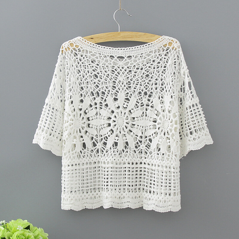 Women Sexy Blouses Half Sleeve Fashion Hollow Out Lace Shirt White 2018 Cotton Casual Crochet Summer Tops Womens Clothing 1811