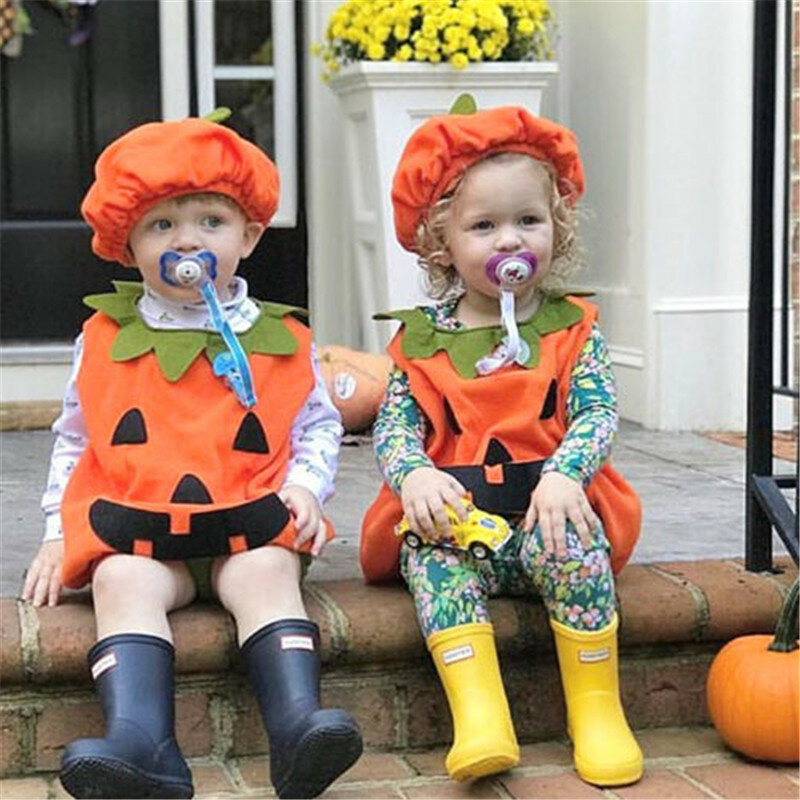 Halloween Kids Baby Boy Girl Pumpkin Tops Rompers Hat Outfit Halloween Party Fancy Baby Rompers Costume Clothes Orange 0-3T