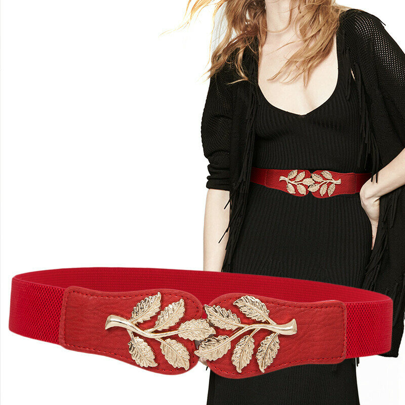 Cinturones anchos con forma de hoja para mujer, correas de Material de cuero PU con botón de aleación, Material de hilo, alta elasticidad