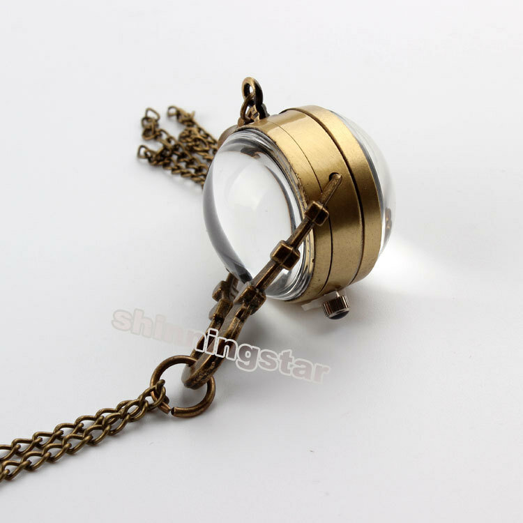 Antigo vintage bronze mini bola de vidro olho de touro relógio de bolso de quartzo colar pingente presentes femininos